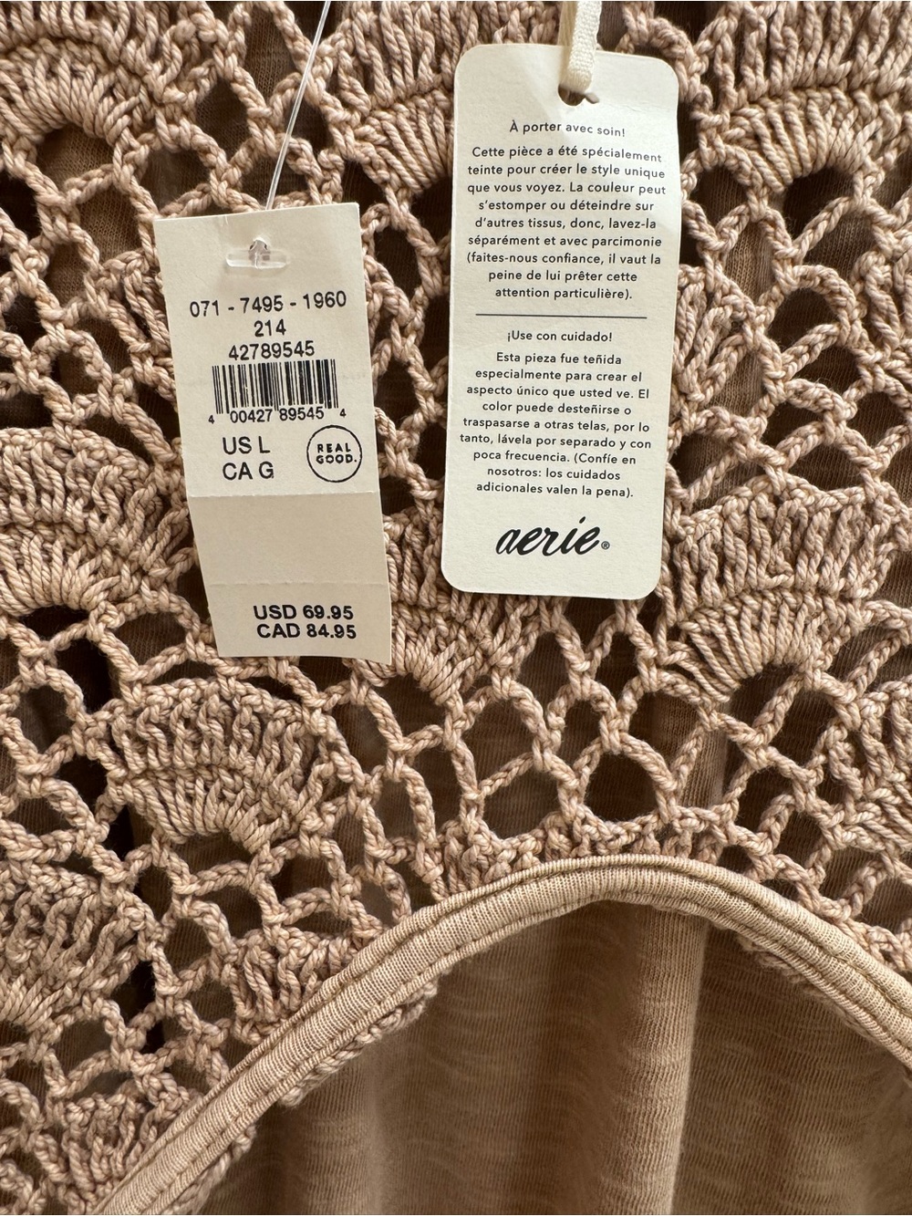 Aerie Crochet Knit Maxi Dress in Tan Brown NWT Size Large Cotton Boho Festival - Picture 9 of 13